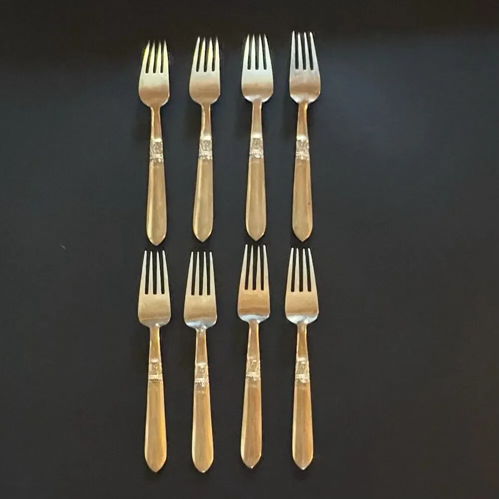 Set Of 8 Vintage Brass Dinner Forks Thailand Buddha Deity Pattern Heavy Flatware